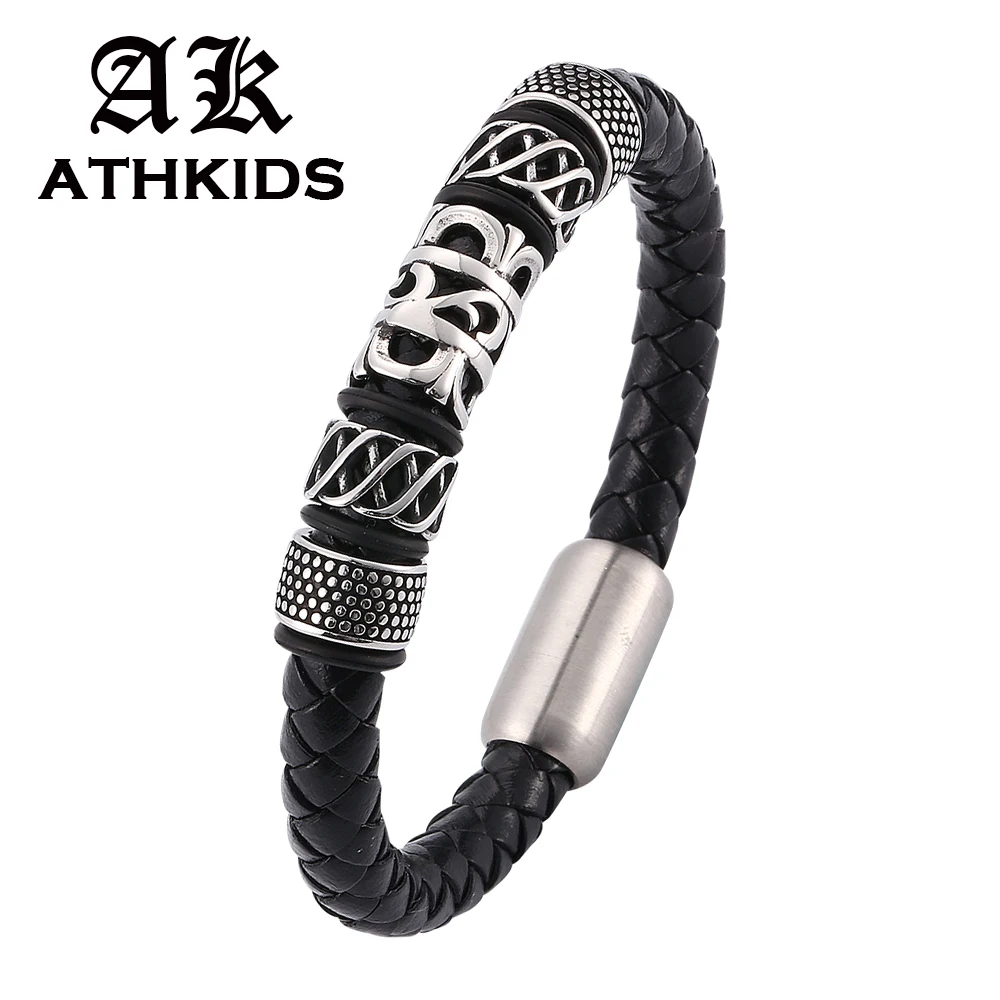 

New Genuine Leather Bracelet Titanium Stainless Steel Bracelet Men Woven Bangle Women Wrist Band Gifts Pulsera Masculina PD0056