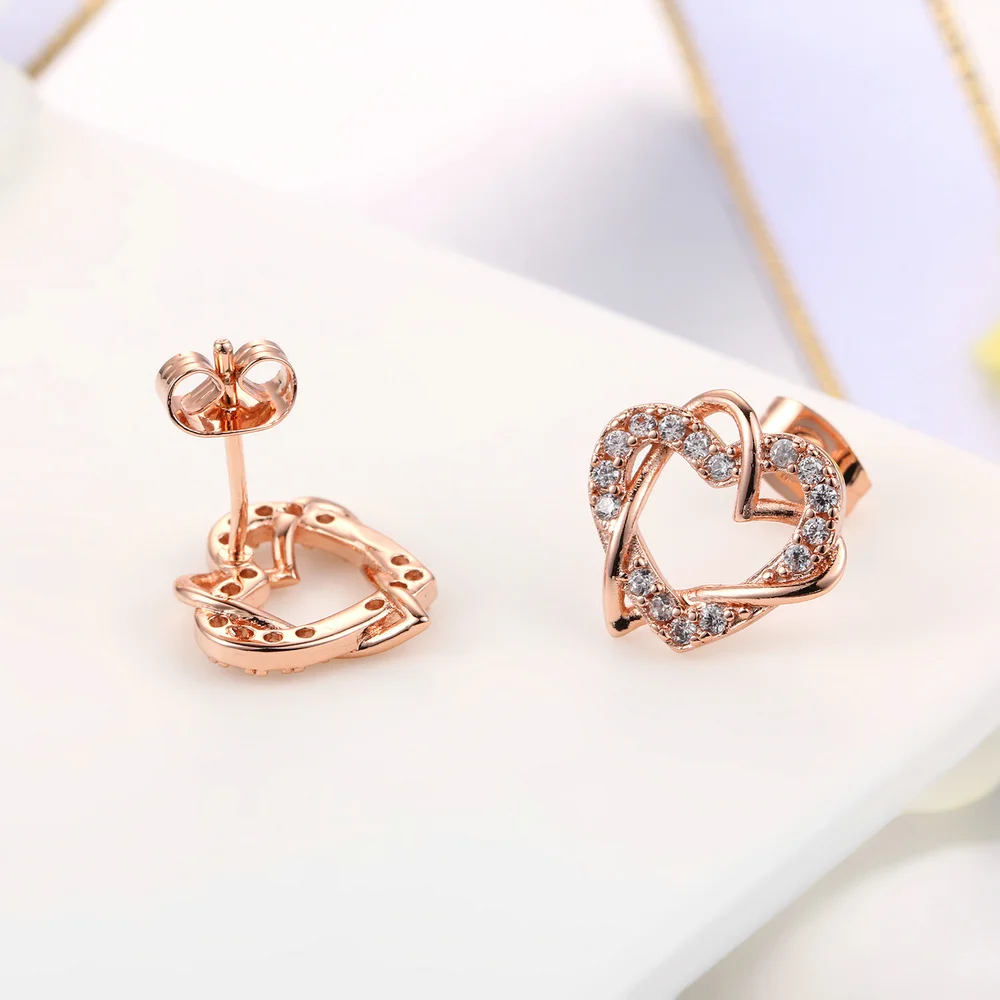 Женские серьги гвоздики в форме сердца с фианитом|stud earrings rose gold|cubic zirconia stud