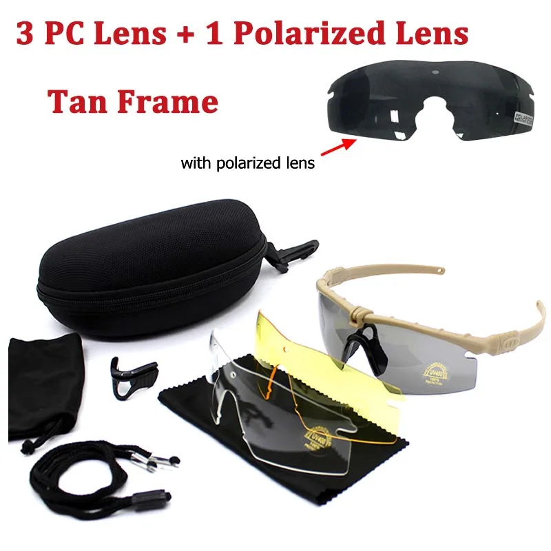 Tan Frame 4 Lens Тактические поляризационные очки с 4 линзами, мужские солнцезащитные очки UV400, военные очки для стрельбы, охоты, спорта на открытом воздухе, защитные очки - Цвет: Tan Frame 4 Lens
