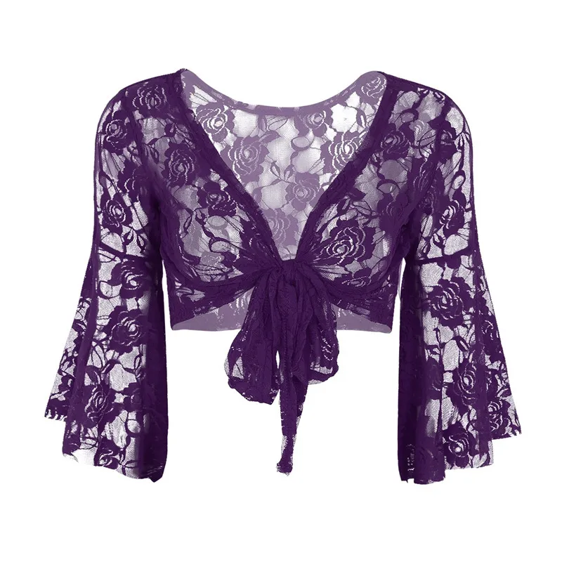 Purple Женский кружевной топ с длинными расклешенными рукавами и бабочкой для танца живота, модный кардиган с открытой передней частью, накидка для свадебной вечеринки - Цвет: Purple