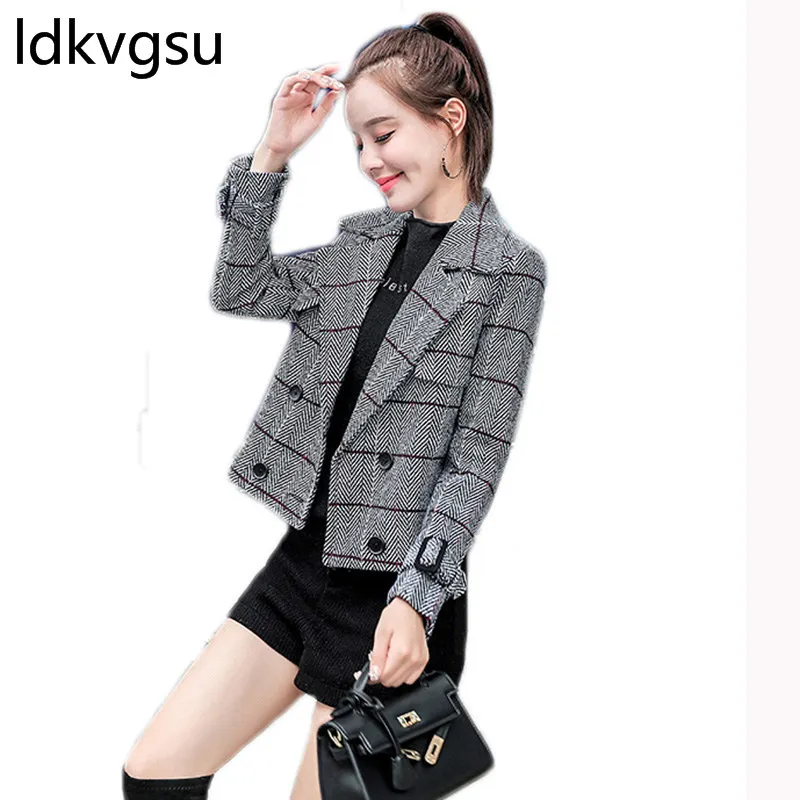 

Black plaid Double-breasted women coats and jackets 2019 spring and autumn women short jacket suit fashion casual coat f006