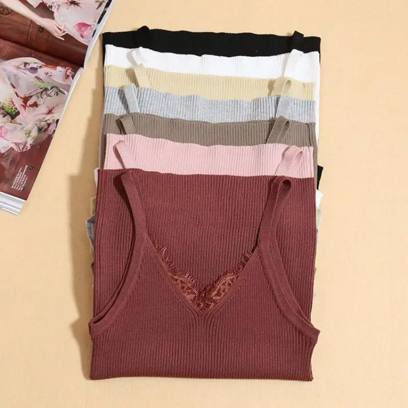 Весна 2020 Новое поступление корейский стиль Вязаный топ с лямкой на шее кружевной