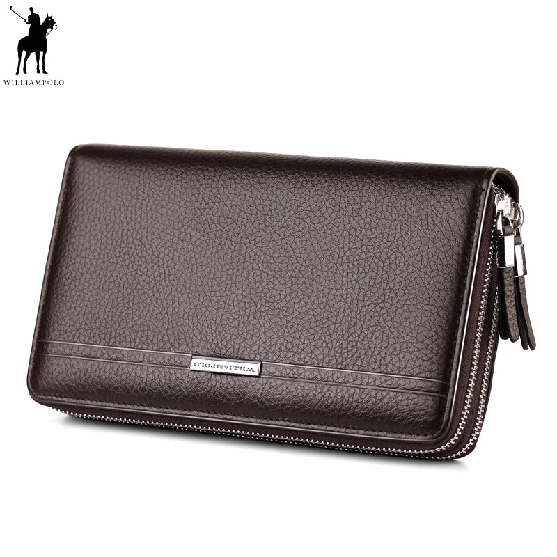 WILLIAMPOLO Leather Vintage Solid Clutch Bag Phone and Card Brand Mens Wallet Double Zipper Genuine Leather Handy Bag Purse