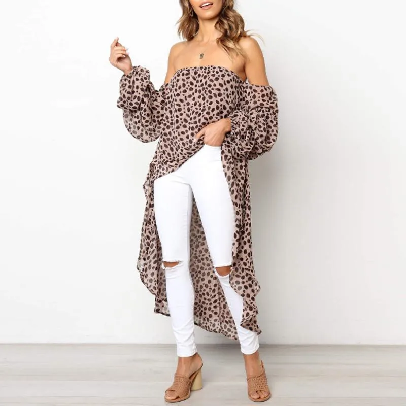 Сексуальная Женская длинная шифоновая рубашка с леопардовым принтом вырезом