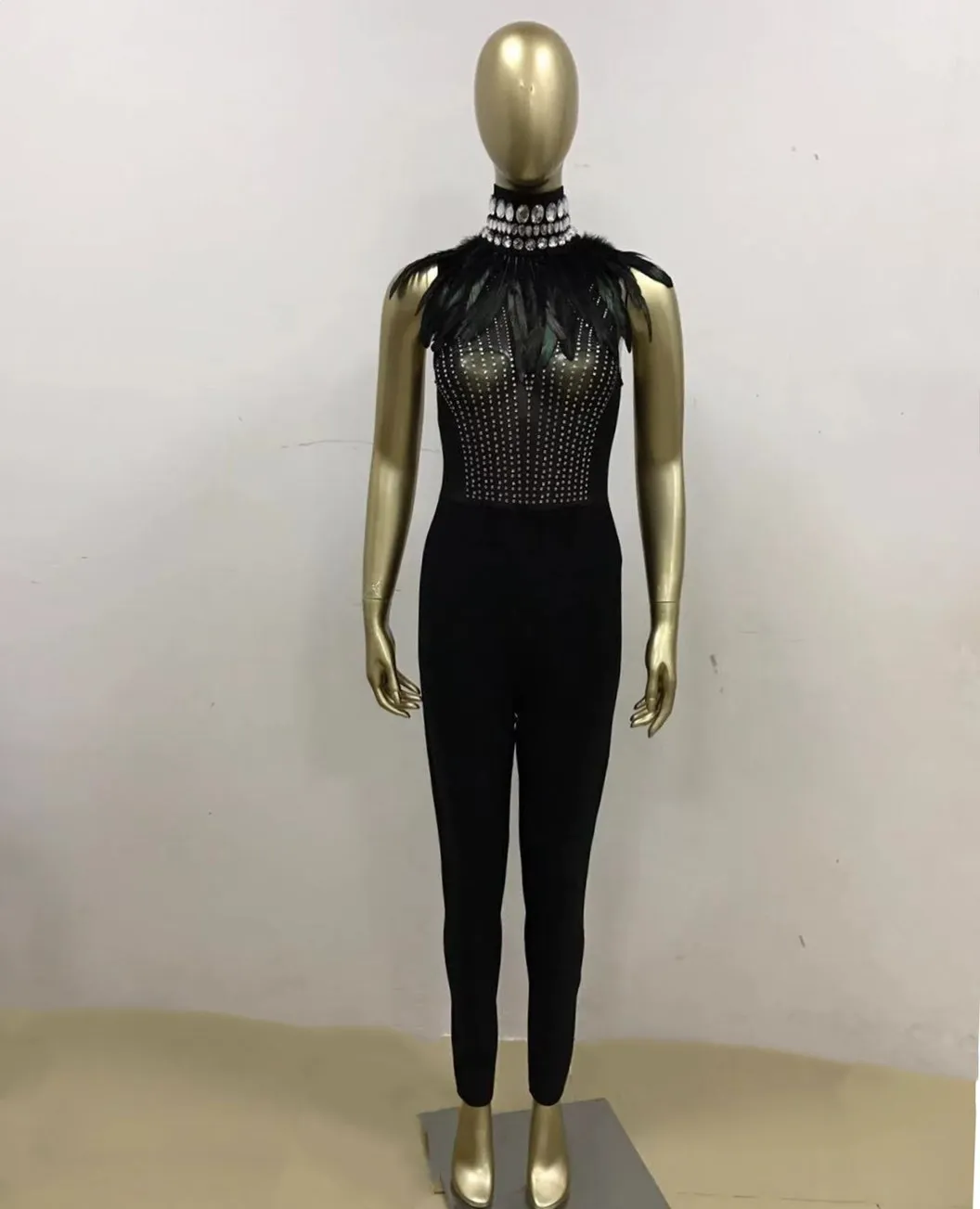 2018 New Arrivals Women Fashion Sexy Sleeveless Mesh Beading Black Party Feathers Turtleneck Rhinestone Skinny Bandage Jumpsuit | Женская