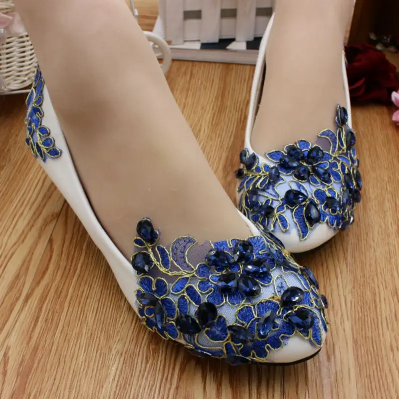 

Blue applique lace flower shoes woman 3cm low heel HS070 customized med high heels bridal blue applique wedding shoes women