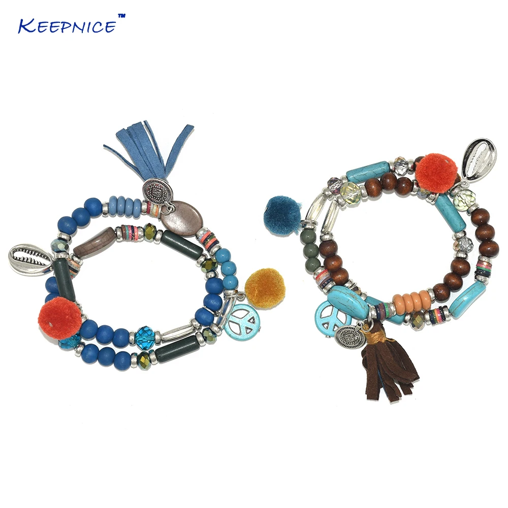 

Handmade Bohemia Jewelry Friendship Bracelets Leather Tassel Charm Bracelets Pompons Pompoms Ball Colorful Beads Bracelets