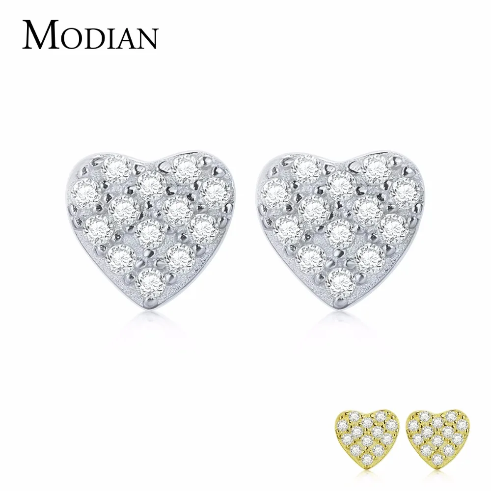 MODIAN 100% 925 Стерлинговое серебро/золото сверкающий милые серьги гвоздики Сердечки