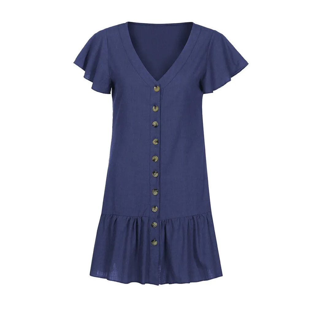 

JAYCOSIN clothes Women V-Neck dress Flare Sleeve Button Sundress Maxi Boho Casual Mini Dress