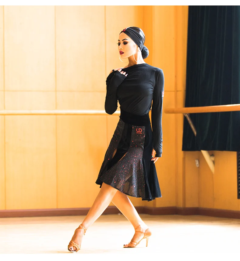 Рубашки для латинских танцев, сексуальный топ с длинным рукавом и косым плечом для женщин, Самба, танго, сальса, ча, Одежда для танцев, тренировочная одежда UA30