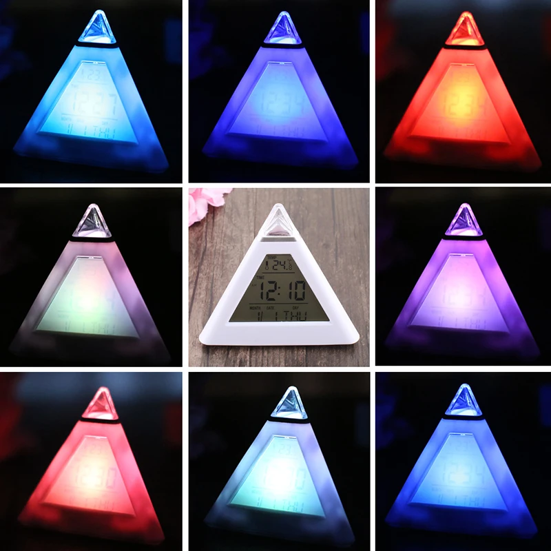 

New Alarm Clocks Pyramid Temperature 7 Colors LED Change Backlight LED Moon Alarm Clock Despertador Digital Student Small Clock