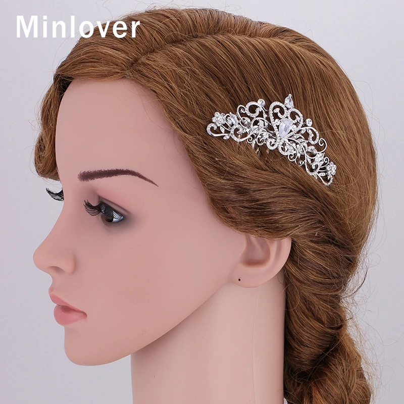 Женские заколки для волос Minlover серебристые с кристаллами романтические сердцем
