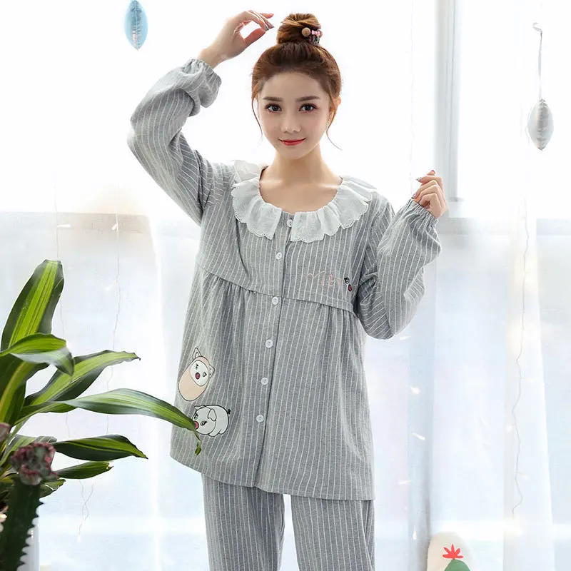 

Sweet Grey Cotton Maternity Nursing Sleepwear with Lace Lovely Nightwear Clothes for Pregnant Women Pregnancy Pajamas Suits