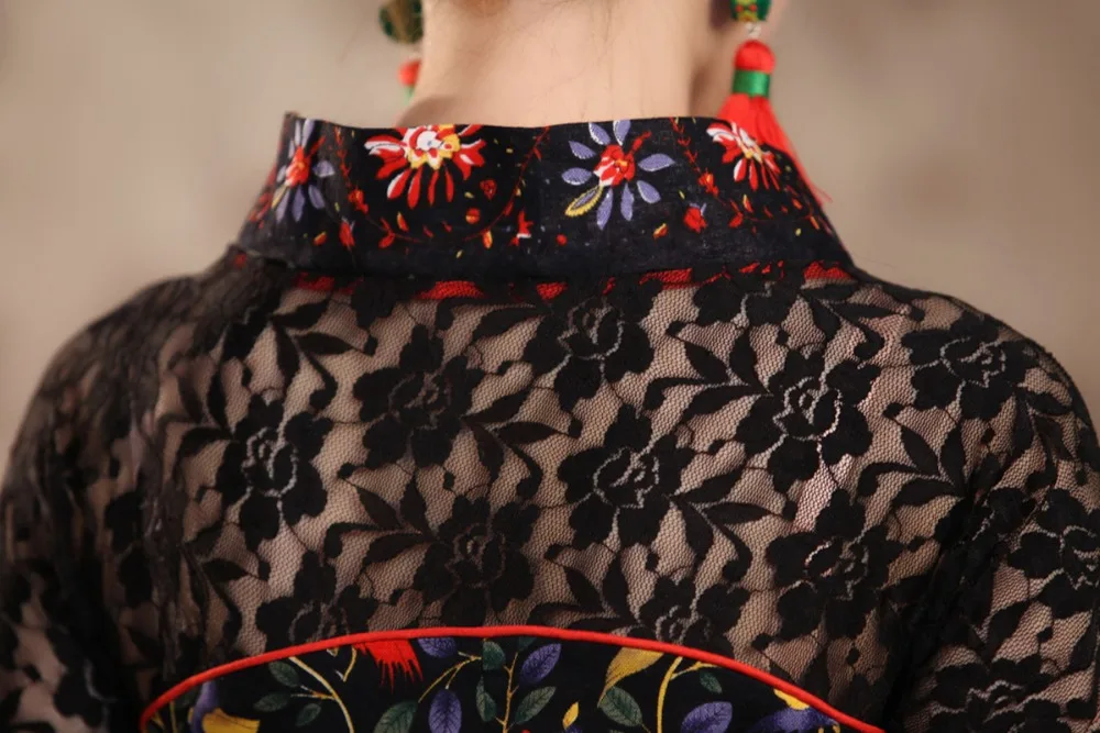 Сексуальная Черная Кружевная летняя женская рубашка топ в китайском стиле