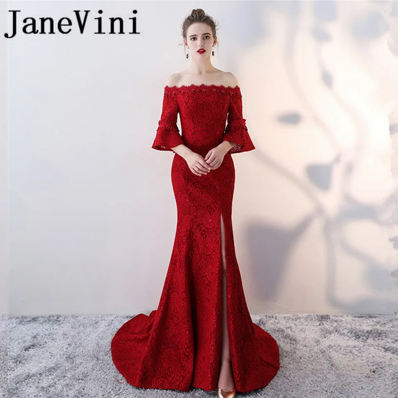 

JaneVini Burgundy Mermaid High Split Long Bridesmaids Dresses Beaded 3/4 Long Sleeves Lace-up Back Sweep Train Robe Longue Rouge