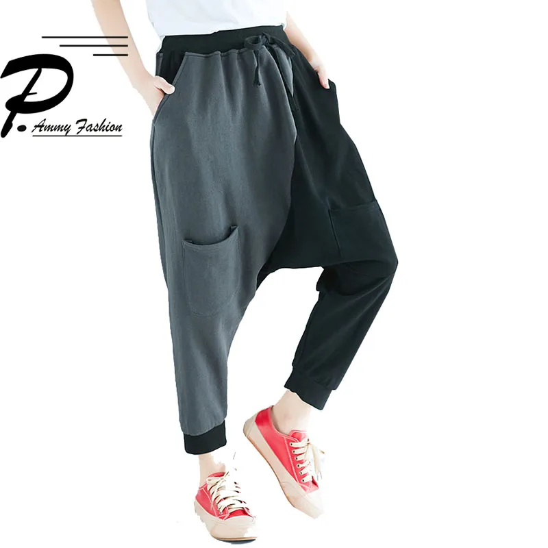 2018 Fashion Spliced Color Hip Hop Harem Pants Summer Baggy Elastic Waist Loose Casual Cotton Sagging pants trousers New |