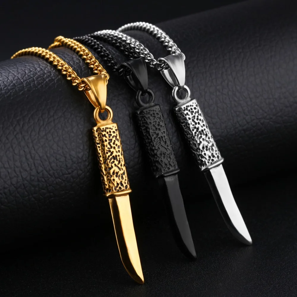 High Quality Stainless Steel Silver Color Gold Black Dagger Knife Pendant Necklace Men's Unisex's Chain Jewelry Wholesale/Retail |