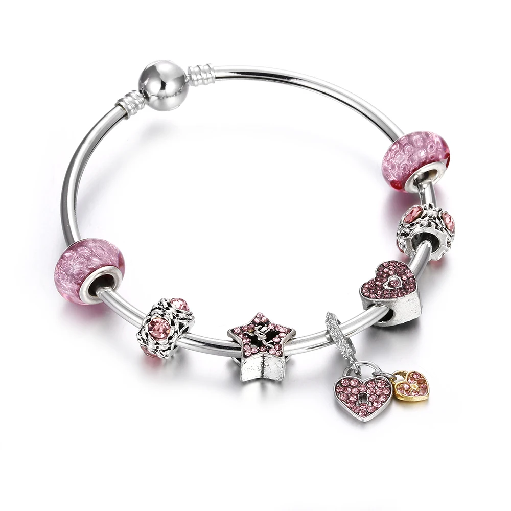 Серебряный браслет с подвеской розовый кристалл бисер цветок динозавр кулон