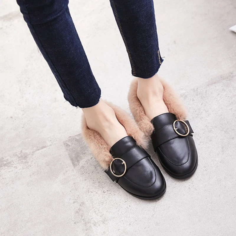 Туфли лодочки с натуральным кроличьим мехом Женская обувь из натуральной кожи