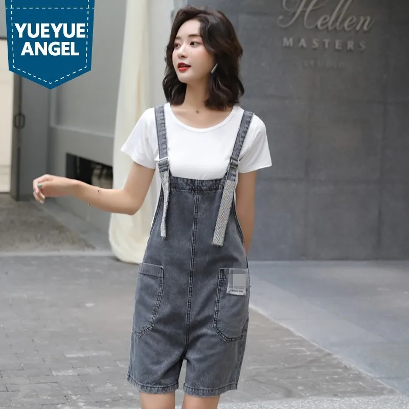 

Summer Fashion Korean Loose Womens Denim Playsuits Sleeveless Diamonds Suspender Wide Leg Shorts Casual Female Jumpsuits