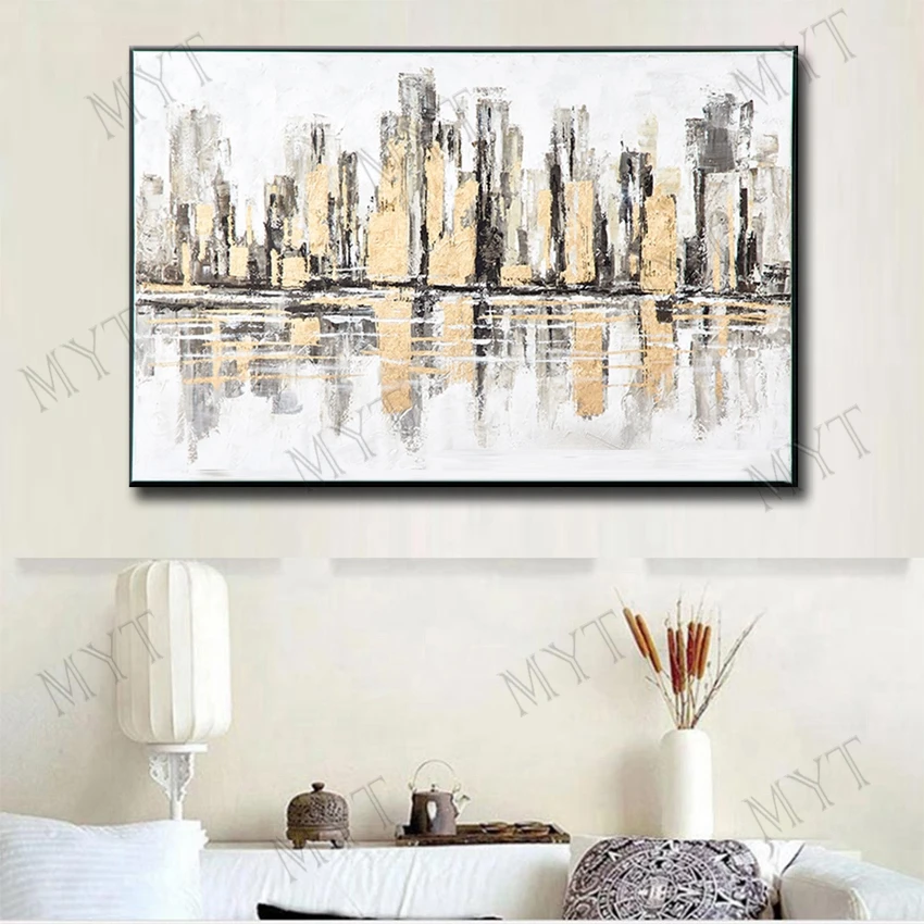 

Abstract City Scenery Oil Painting Handmade Wall Decor Canvas Gold Painting Home Decor Wall Art For Living Room Wall Pictures