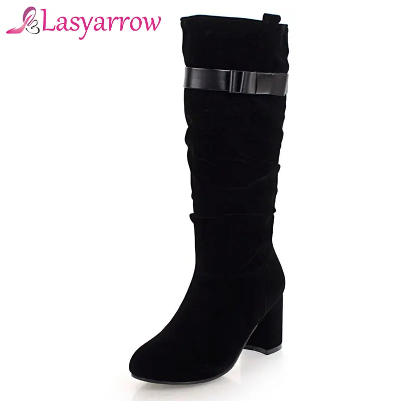 Lasyarrow Mid Calf Boots Ladies Knight Slip On Pleated Butterfly-knot Half Plus Size 31-43 Black Blue Red Shoes F518 | Обувь