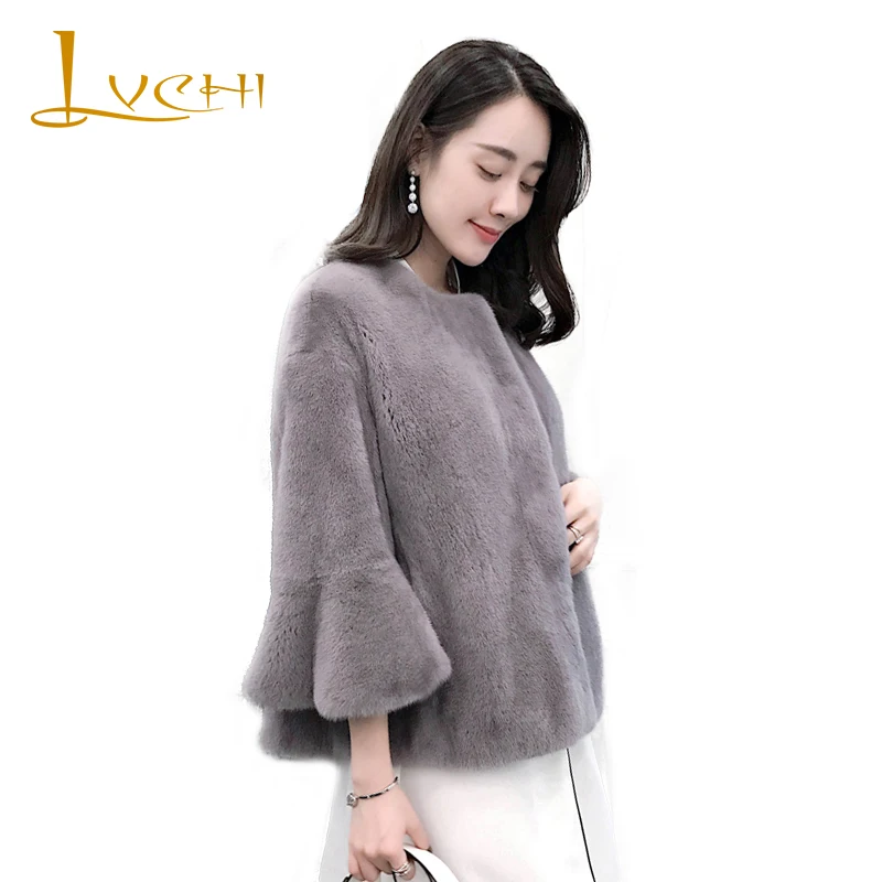 

LVCHI Winter2017 O-Neck Real Mink Fur Coat Women's New Fashion Nine Quarter Jacket Coat Slim Short Causal Silm Lady Mink Coats