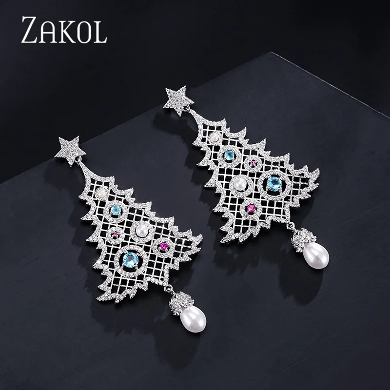 ZAKOL модные серьги с фианитом в форме рождественской елки большие капельки для