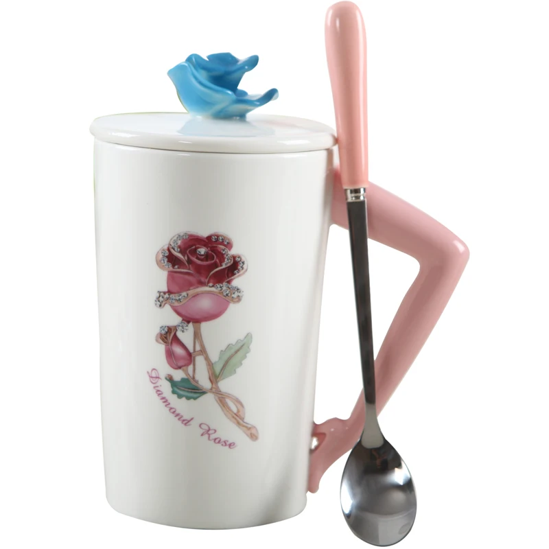 

2018 Valentine's Day Rose goddess Coffee Mugs Tea cup ceramic cup with Spoon Lid water bottles Breakfast Milk cups Lovers gift