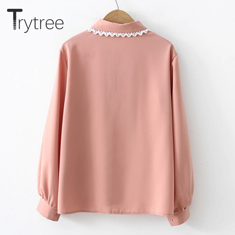 Ttytree весенние блузки Повседневная рубашка для женщин кружевной бант отложной