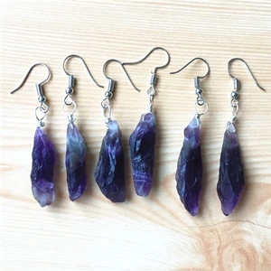 Amethyst Модные аметисты Прозрачный кристаллический кварц Натуральный Необработанный Камень Серьги-Подвески ручной работы для женщин ювелирные изделия высокое качество только 1 пара - Окраска металла: Amethyst