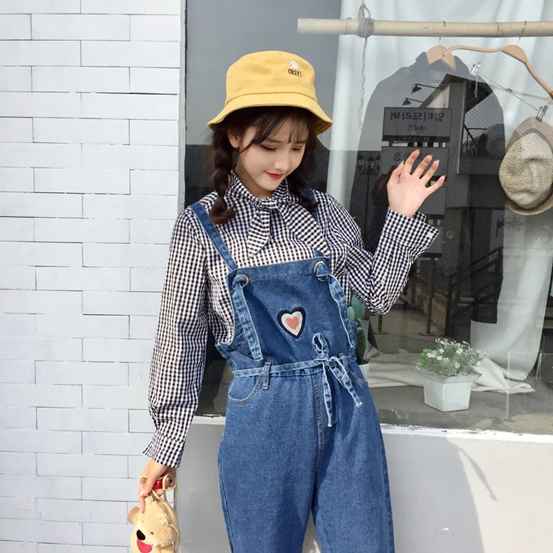 Талии галстук ремень регулируемые бретельки на подтяжках Denim Ankle Pant Kawaii комбинезон вышивка Любовь Жан корейский комбинезоны комбинезон