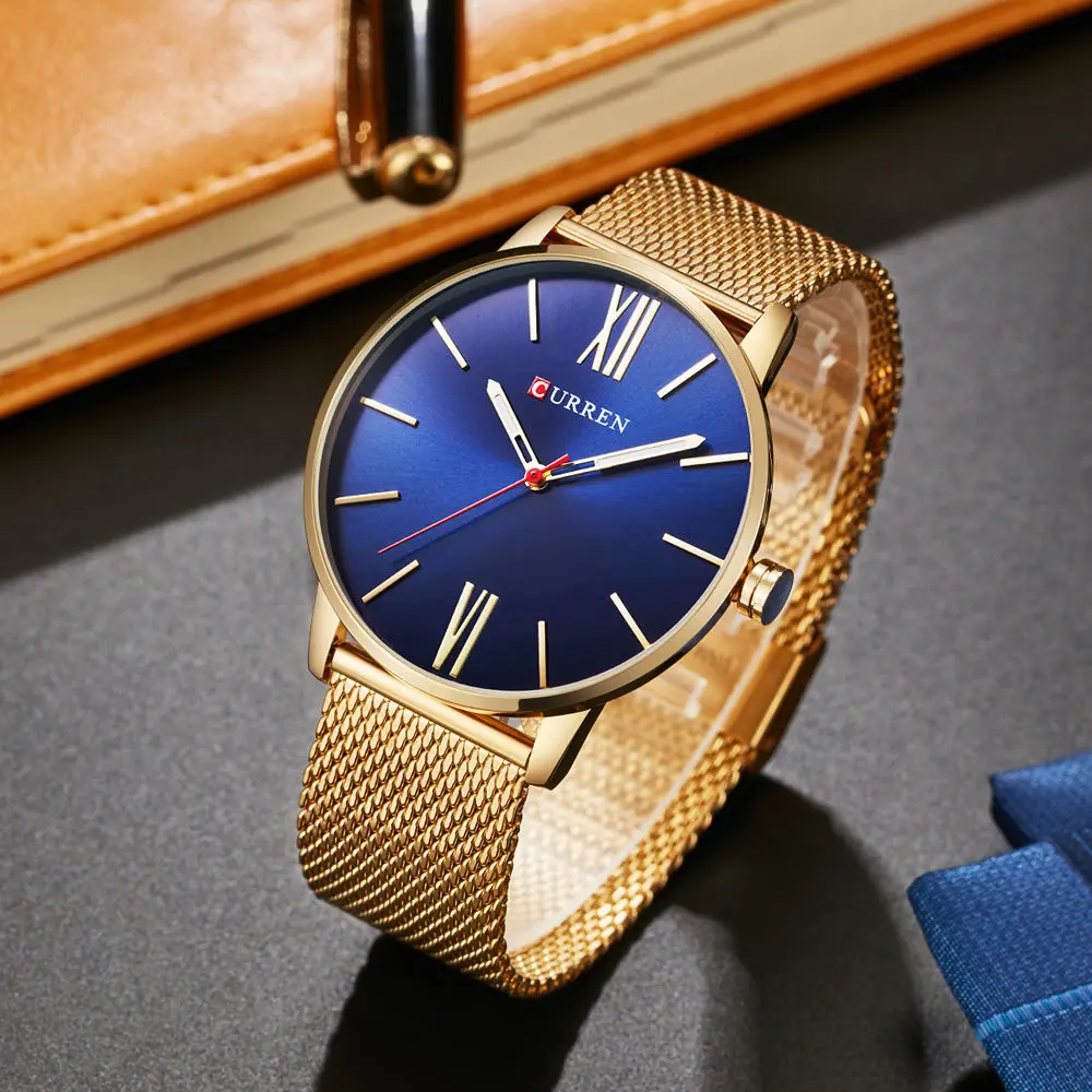 Curren простые мужские кварцевые часы с сеткой серебристый черный золотой браслет