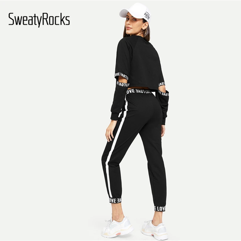 SweatyRocks, топ с буквенным принтом, с завязками, штаны, спортивная одежда, женские топы с вырезами и штаны, комплект, весенние повседневные комплекты из 2 предметов