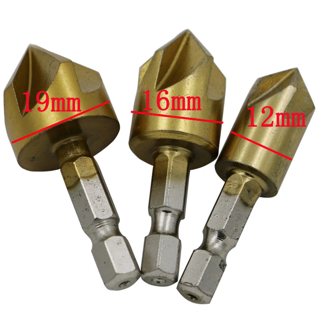 

5 Flute 6PCS/set Chamfer Countersink 1/4" Hex Shank 90 Degree Wood Chamfering Cutter Chamfer 6mm-19mm Countersink Drill Bit