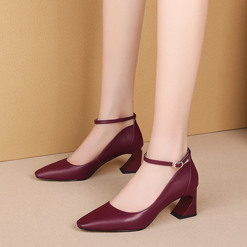 

ISNOM Ankle Strap Pumps Women High Heels Thick Pumps Woman Shallow Shoes Female Party Cow Leather Shoes Ladies Autumn 2019 New