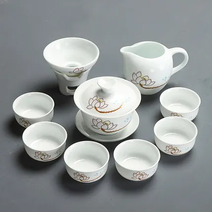 Семейная офисная керамика GaiWan полный набор белый фарфоровый Лотос чехол чайный