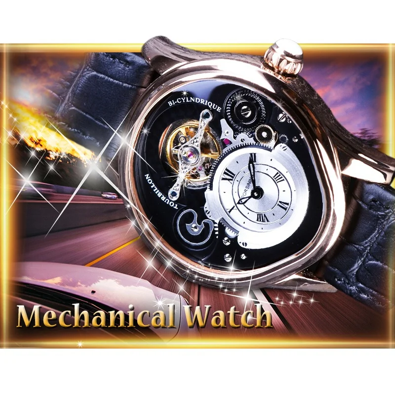 Forsining розовое золото Tourbillion натуральная кожа мужские механические полный