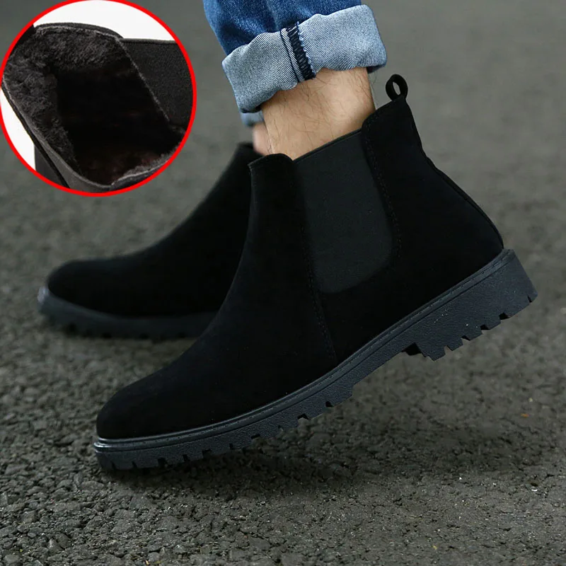 Black With Fur GNOME/замшевые ботинки «Челси»; Мужская модная обувь длиной до щиколотки; мужские уличные ботинки из флока; Швейные Винтажные ботинки; Ayakkabi - Цвет: Black With Fur