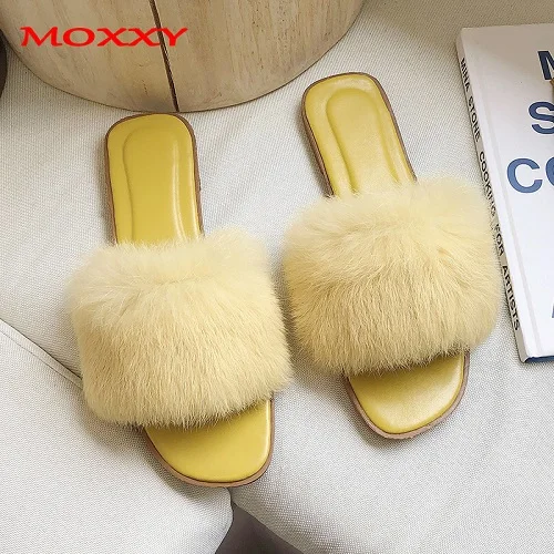 Yellow Новые женские меховые тапочки женские пушистые тапочки женская обувь меховые тапочки зимние домашние тапочки на плоской подошве меховые шлепанцы - Цвет: Yellow