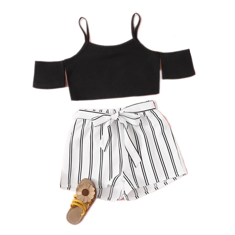 SHEIN Kiddie/укороченная блузка с открытыми плечами для девочек и полосатые шорты с поясом нож для паззлов г., летние широкие Детские костюмы с короткими рукавами