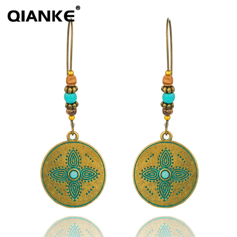 QIANKE Винтаж Большой сплава серьги для Для женщин длинные этнические Boho Бронзовый