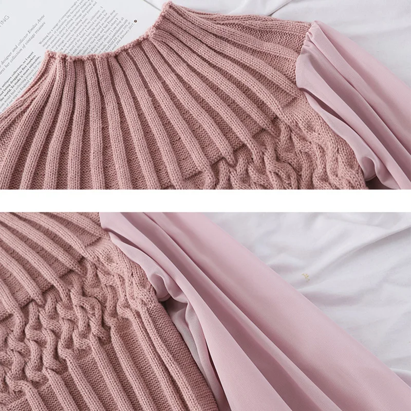 HELIAR Women Casual Lantern Sleeve Splicing Chiffon Spring Blouse Fashion pit knitting Slim Elastic Sweater Offic | Женская одежда