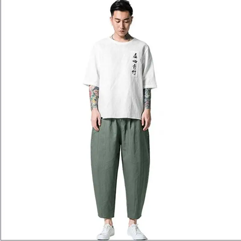 2020 модные мужские брюки из хлопка и льна удобные женские с широкими штанинами Φ 5XL