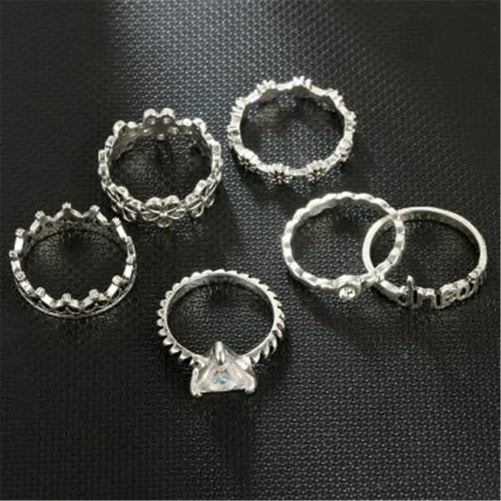 New Retro Creative Letter Joint Ring Alloy Ancient Silver Plum Blossom 6 Piece Set Unisex Fashion Rings | Украшения и аксессуары