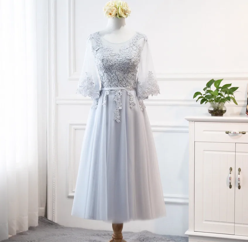 Vestido de festa Longo новые серые длинные платья подружек невесты с рукавами бабочки винтажные элегантные кружевные свадебные вечерние платья для женщин - Цвет: tea length