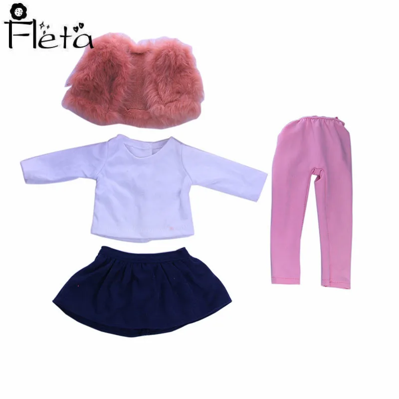 Fleta, кукла, 3 комплекта зимнего костюма, плюшевый жилет+ белая футболка с длинными рукавами+ юбка+ колготки для 18 дюймов или 43 см, американские кукольные аксессуары