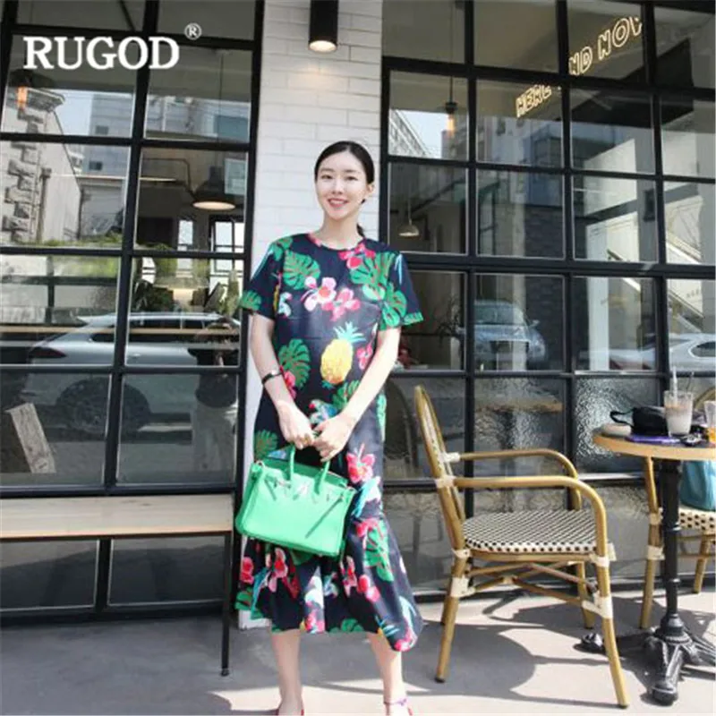 RUGOD весеннее женское платье с принтом, прямое, свободное, стильное, с круглым вырезом, с коротким рукавом, рыбий хвост, платье до середины икры, Modis, женские платья
