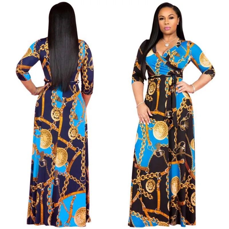 

2020 new summer Five-point sleeve long dresses women's fashion chain plus size Sexy V-neck digital print big swing dress female
