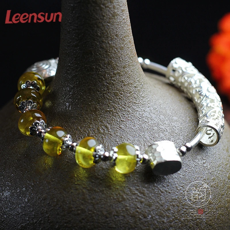 Leensun ювелирные изделия, ручной работы 925 серебро с янтарные бусы браслет/браслет подарок для женщин